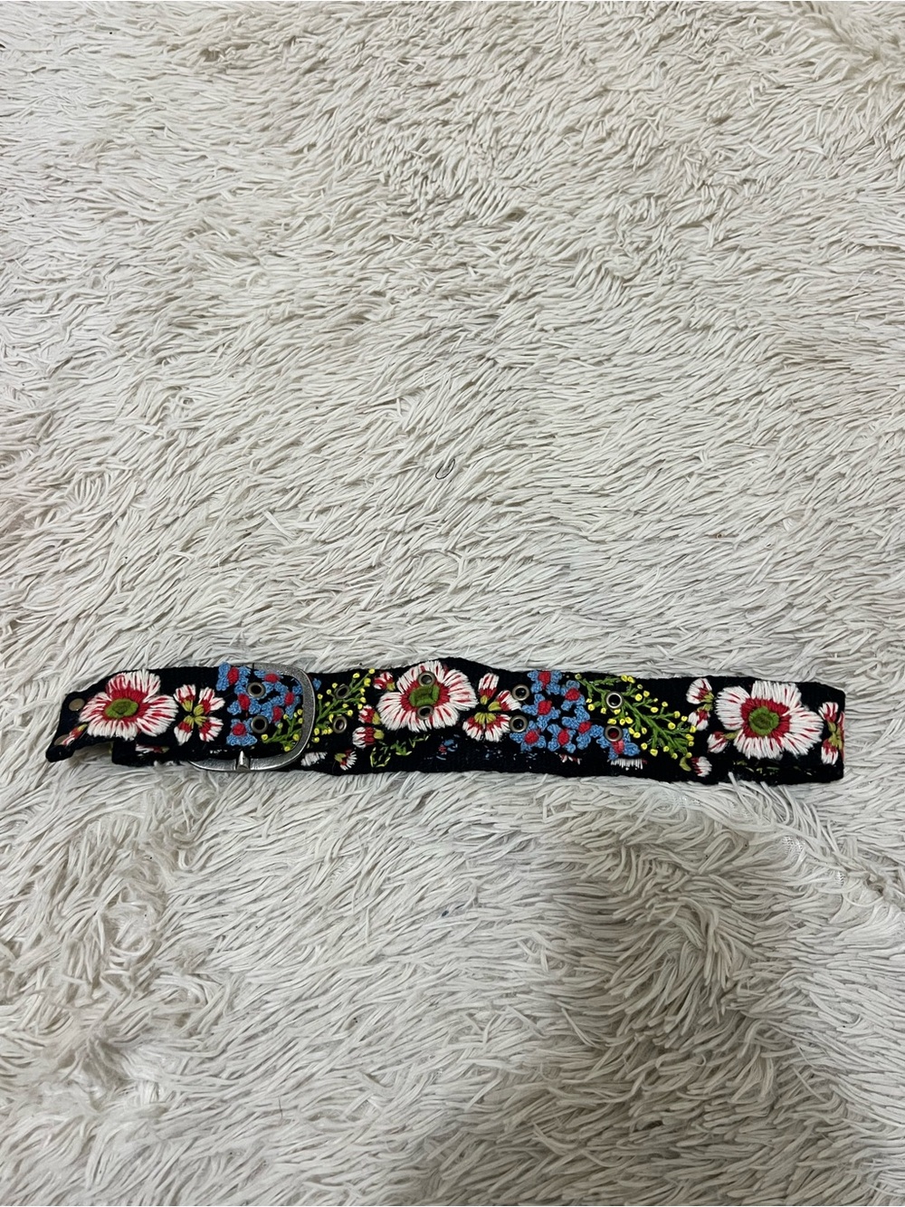 Black Floral Embroidered Belt with Pink & Blue Blooms